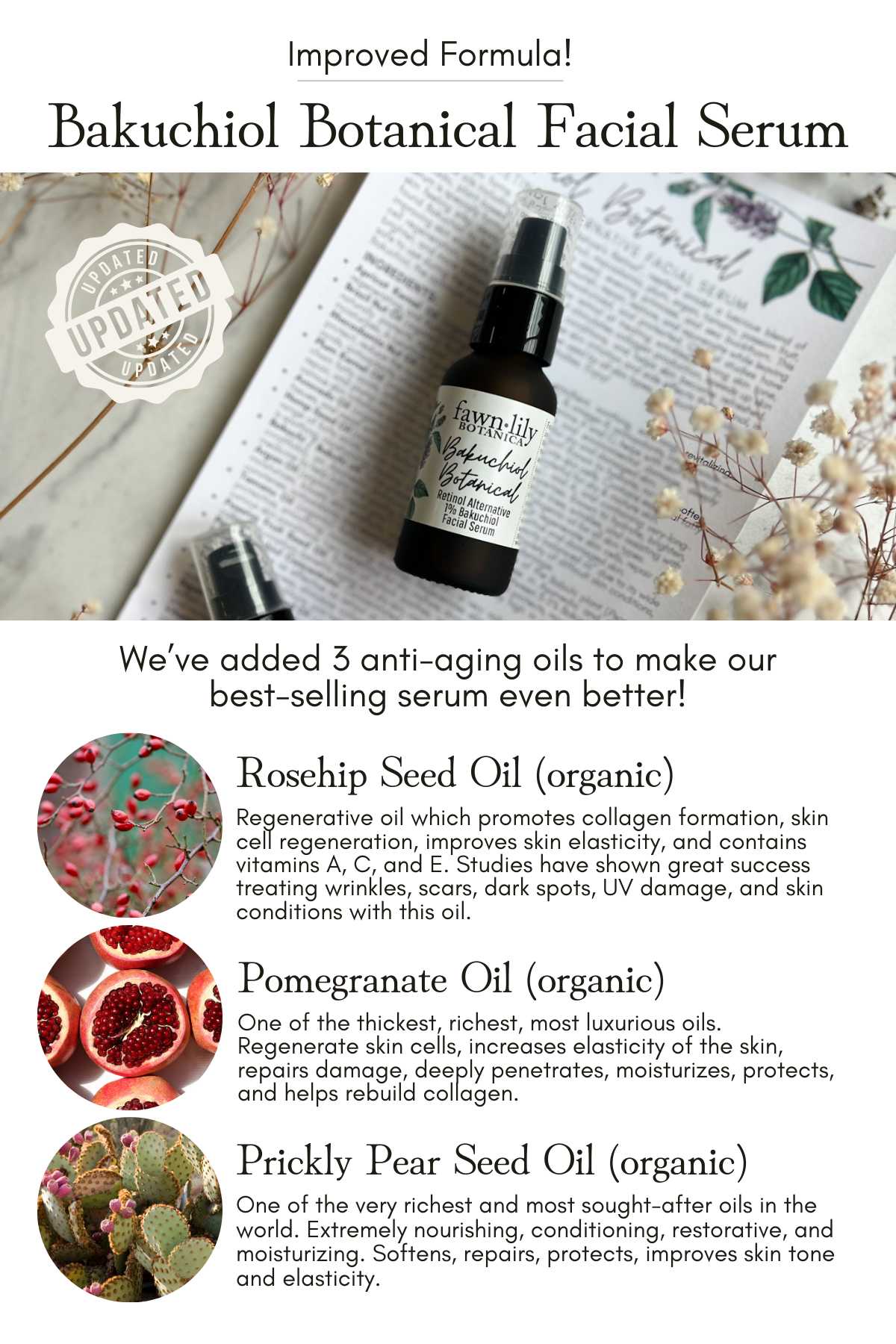Bakuchiol Botanical Facial Serum, new ingredients rosehip seed oil, pomegranate oil, prickly pear seed oil