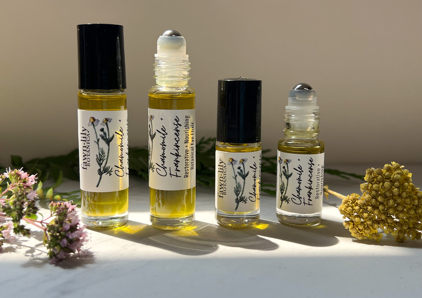 Nourishing Chamomile + Frankincense Botanical Eye Elixir | Fawn Lily Botanica. Eye oil to rejuvenate and repair skin, anti-aging formula for sensitive skin.