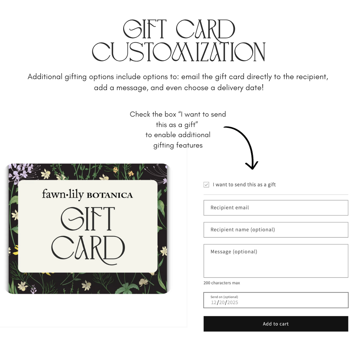 Gift card customization page with fawn-lily botanica gift card design.
