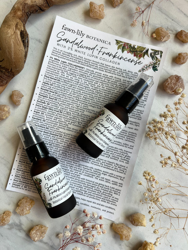 Fawn Lily Botanica | Sandalwood, Frankincense and White Lupin Collagen Facial Serum. Limited edition facial oil for mature, aging, and dry skin with Collageneer