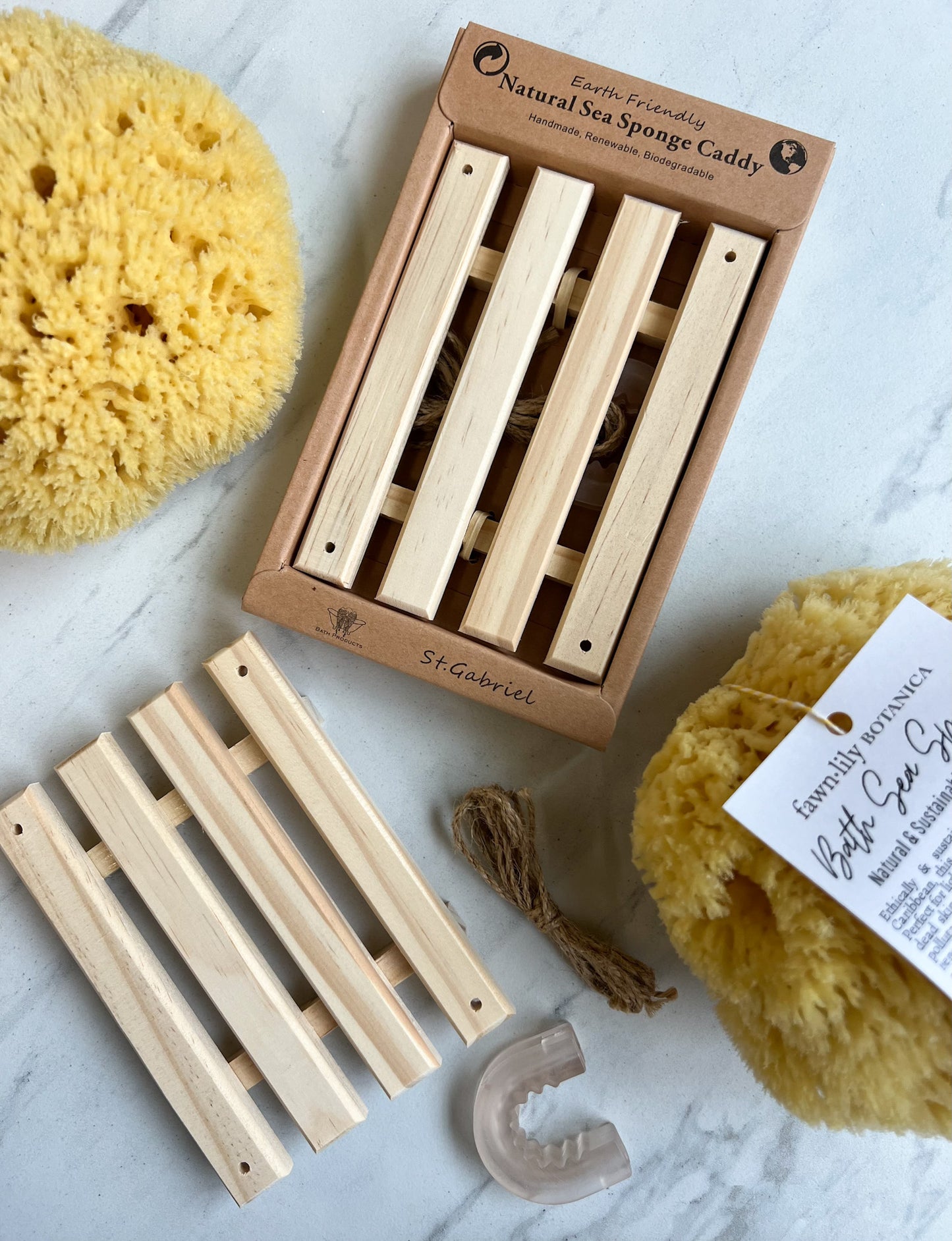 Fawn Lily Botanica | Natural Sea Sponge Bath Caddy | natural, sustainable, pine, handmade, biodegradable plastic-free bath accessory