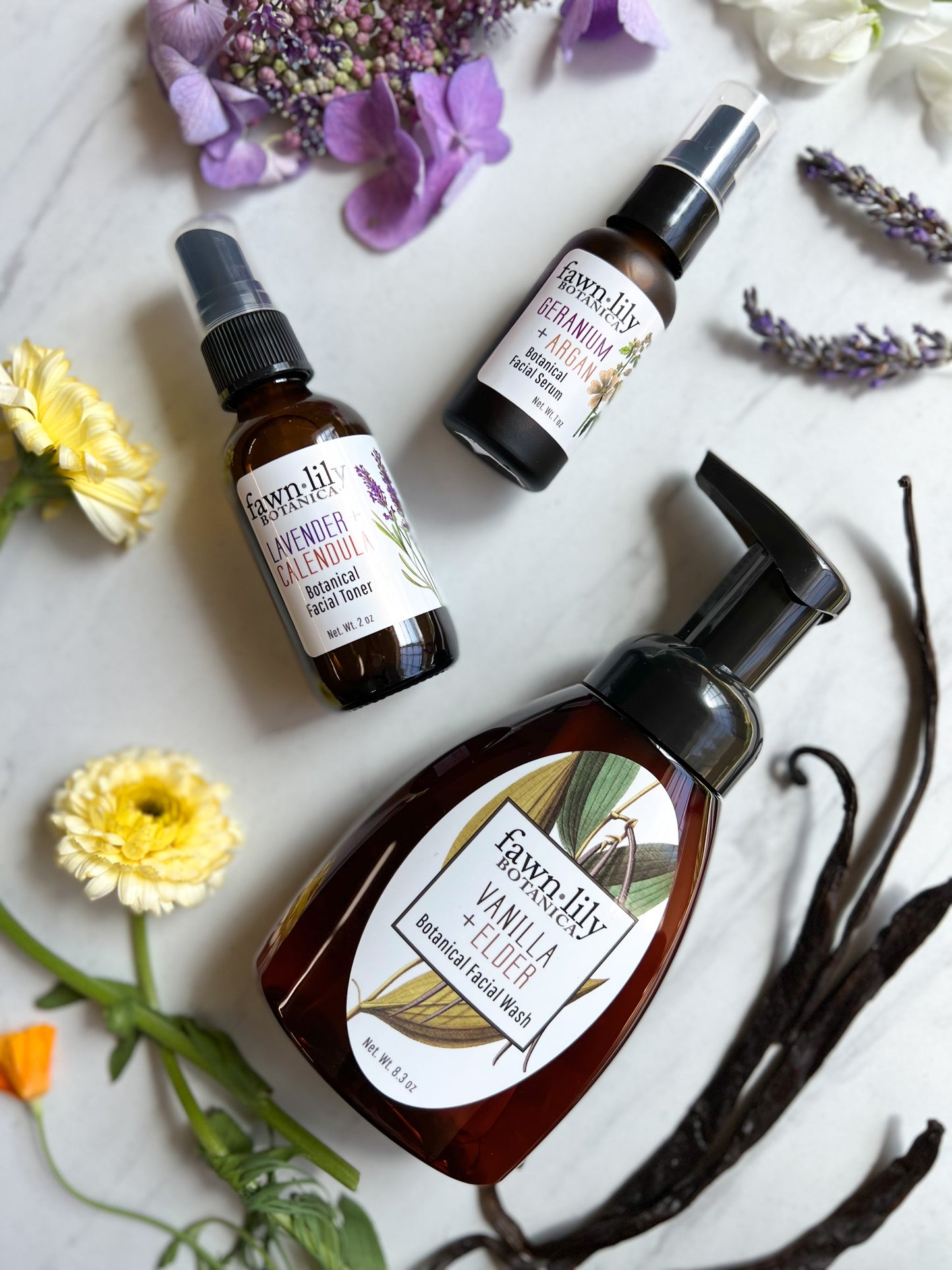 FLORAL FACIAL CARE COLLECTION | Fawn Lily Botanica. Botanical plant-based facial wash cleanser, natural facial toner, moisturizing facial serum set for deep cleansing and skin balancing. Normal, dry, mature, sensitive, combination, oily, all skin types.