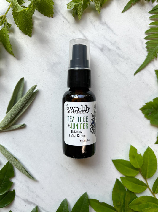 TEA TREE + JUNIPER BOTANICAL FACIAL SERUM OIL | Fawn Lily Botanica - Light, refreshing botanical facial serum for oily, combination, acne-prone skin. Balances, tones, cleanses, nourishes. Organic, plant-based, vegan.