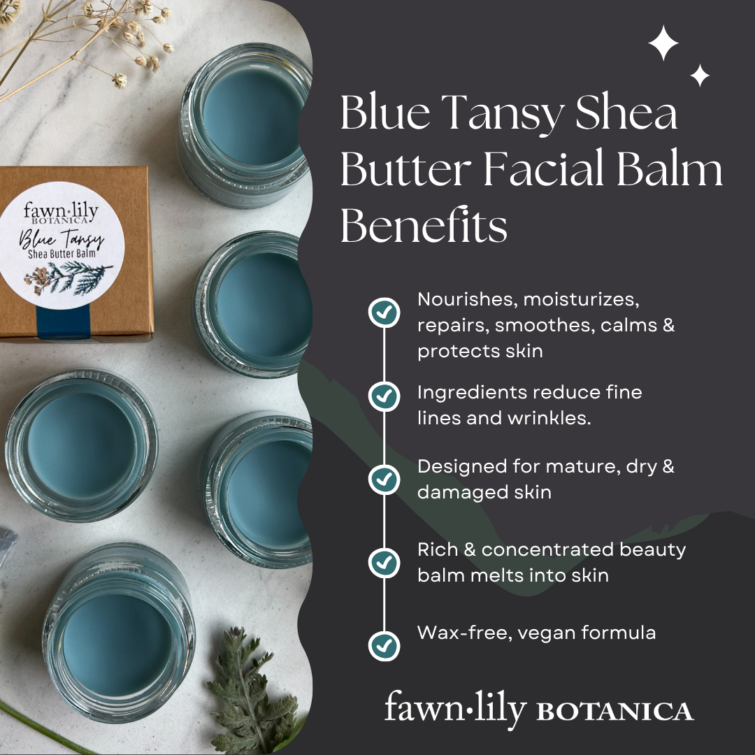 Blue Tansy Shea Butter Facial Balm with benefits listed