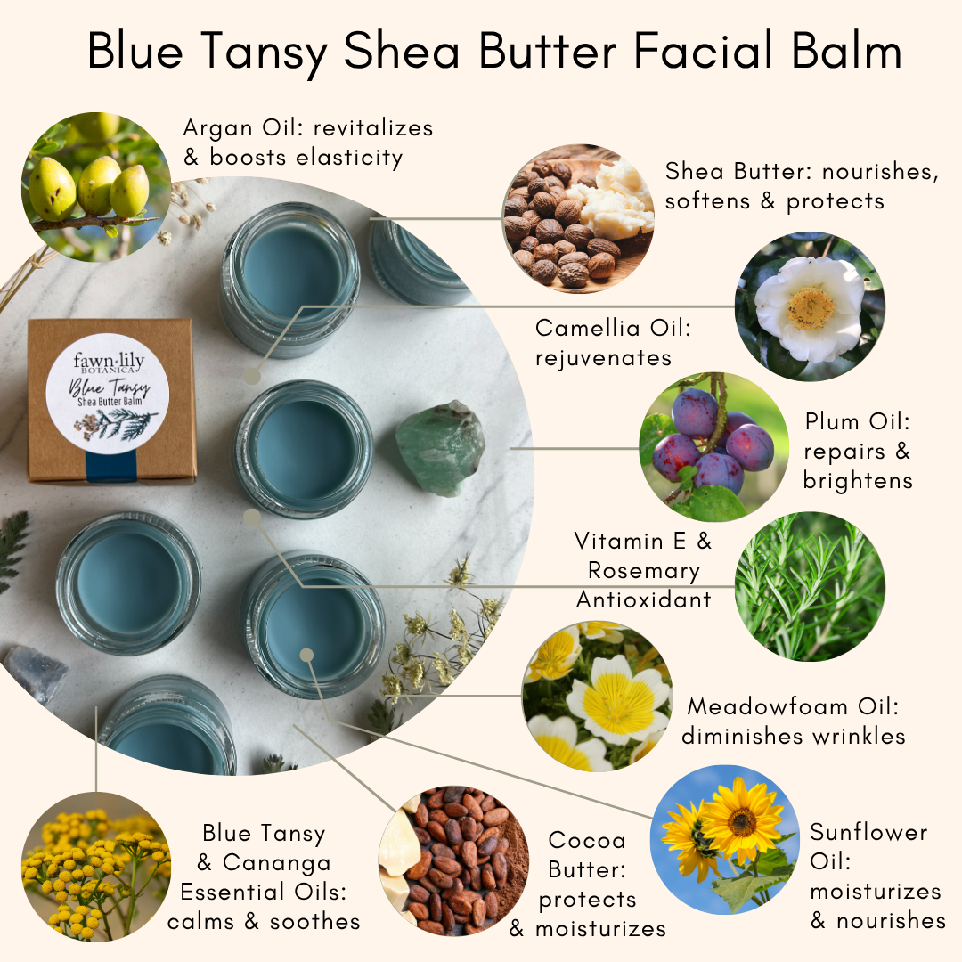 Blue Tansy Shea Butter Facial Balm packaging with ingredients and benefits displayed.