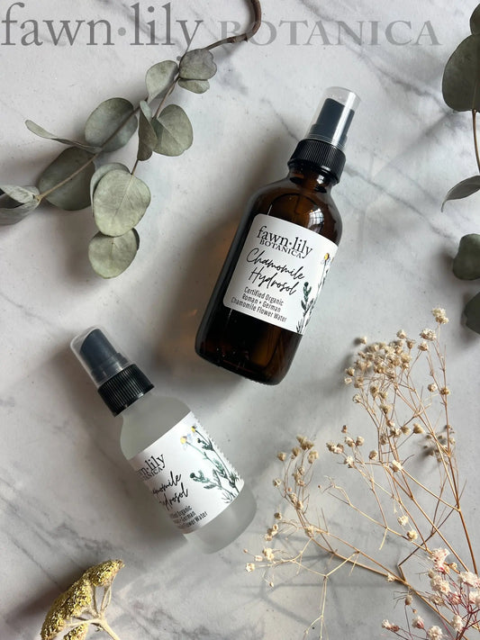 Fawn Lily Botanica Organic and Preservative-Free Chamomile Hydrosol facial toner shown in 2 oz and 4 oz, Blend of German and Roman Chamomile Flower Waters