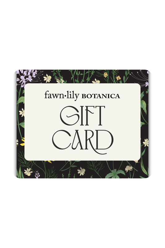 Fawn Lily Botanica gift card with floral design on a white background