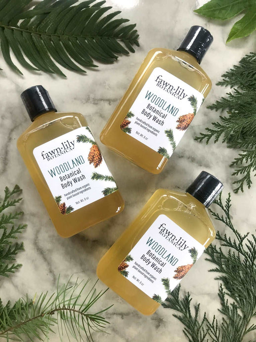WOODLAND BOTANICAL BODY WASH. Natural body wash shower gel made from organic botanical plant-based vegan ingredients. Scented with pine, cedar, and fir essential oils.