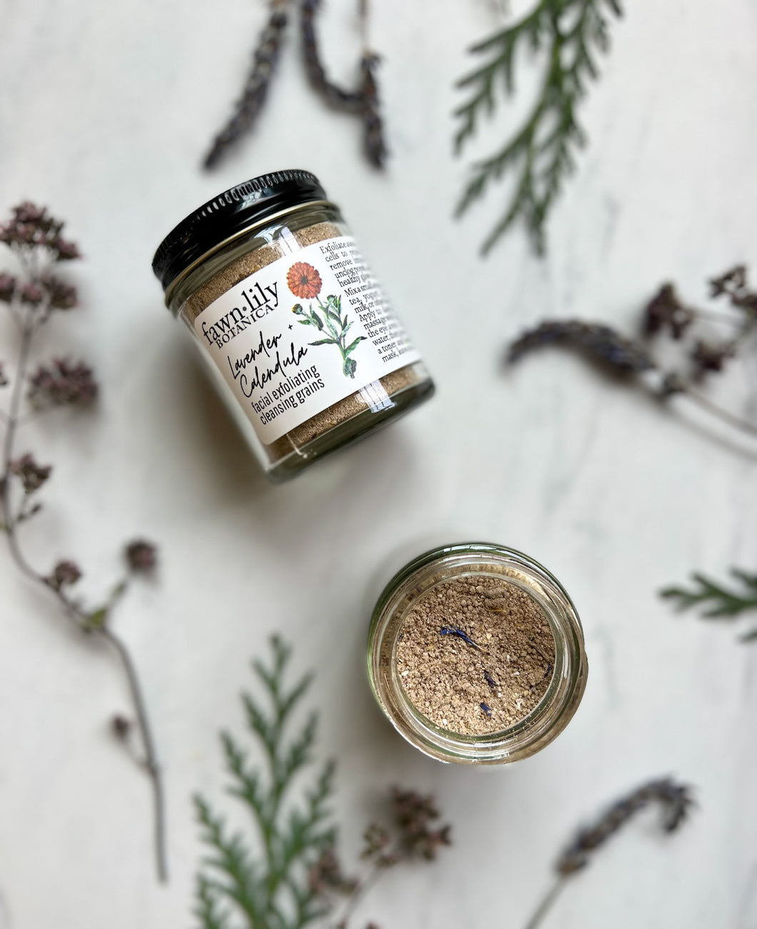 Lavender Calendula Exfoliating Grains | Fawn Lily Botanica. Gentle, effective natural plant-based facial scrub to exfoliate, cleanse & bring a fresh radiant glow! Made from natural organic botanical ingredients