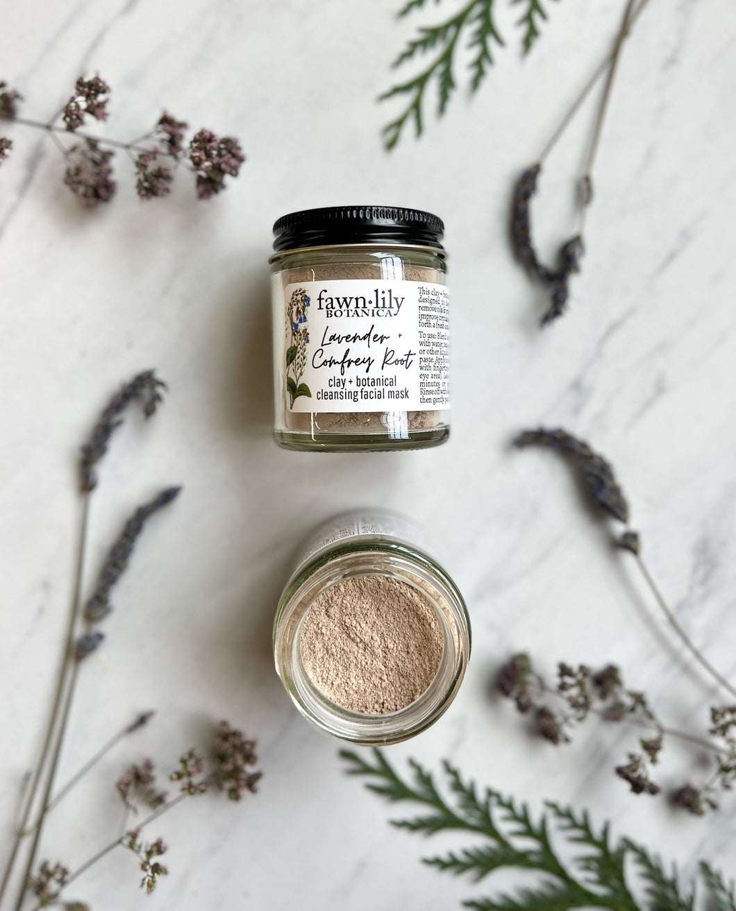 Lavender Comfrey Clay Mask | Fawn Lily Botanica - Gentle, effective formula to cleanse, tone & bring a fresh glow. Made with clays, botanicals, herbal extracts, essential oils. The best natural clay face mask!