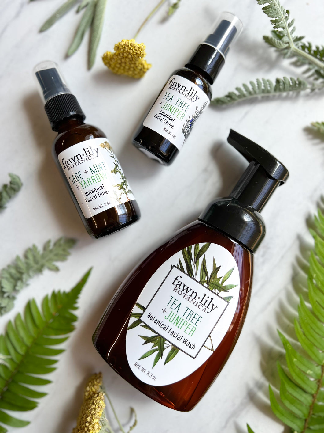 JUNIPER + TEA TREE + MINT FACIAL CARE COLLECTION | Fawn Lily Botanica. Botanical plant-based facial wash cleanser, natural facial toner, moisturizing facial serum set for deep cleansing and skin balancing. Normal, combination, oily, all skin types.