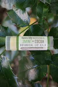 Mint Cocoa Botanical Lip Balm. All natural nourishing and smoothing herbal botanical mint cocoa lip balm handcrafted organic ingredients
