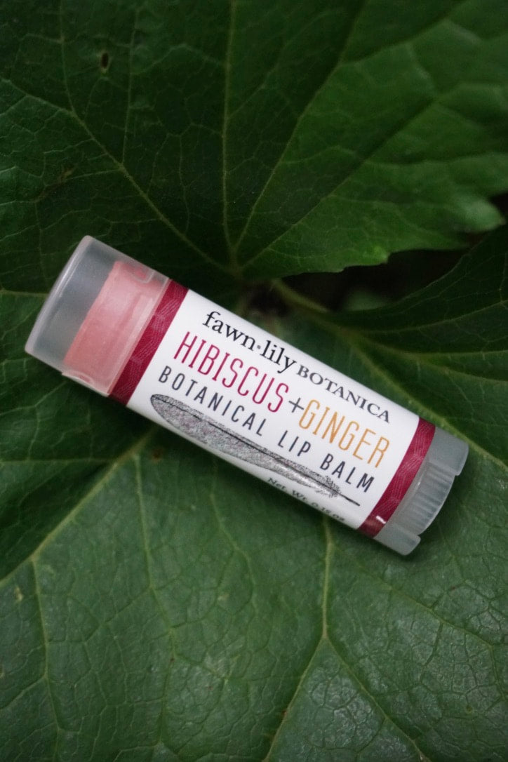 All natural Hibiscus Ginger Lip Balm naturally colored with herbs botanicals handcrafted organic ingredients