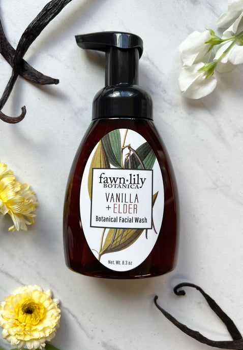 VANILLA + ELDER FLOWER BOTANICAL FACIAL WASH } Fawn Lily Botanica - Scented with real vanilla & ylang ylang flowers, our natural botanical face wash gently cleanses & tones. For all skin types, organic vegan ingredients