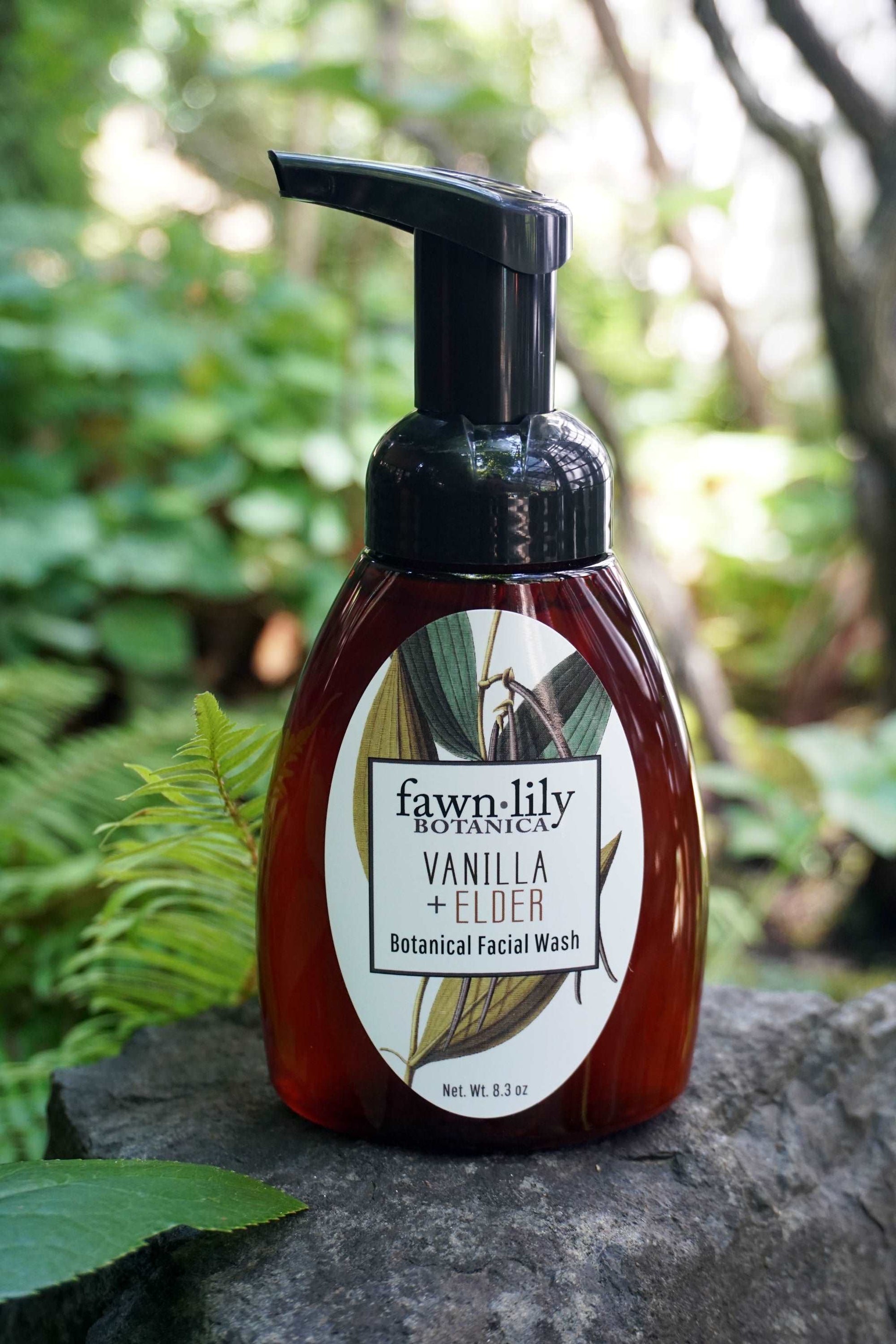 Vanilla Elder Flower Ylang Ylang Botanical Face Wash. Natural face wash cleanser for all skin types with real vanilla beans and ylang ylang flowers. Natural and hydrating formula, handcrafted from organic vegan botanical herbal ingredients.
